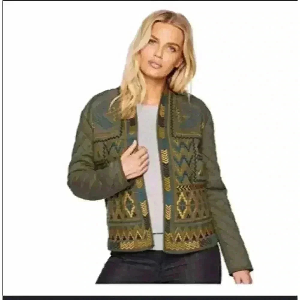 Tribal Jeans Embroidered Quilted Green Boho Cabincore Open Jacket Size Small
